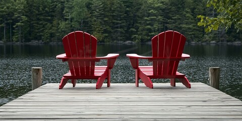 Sticker - Muskoka chairs on a wooden dock stock photo