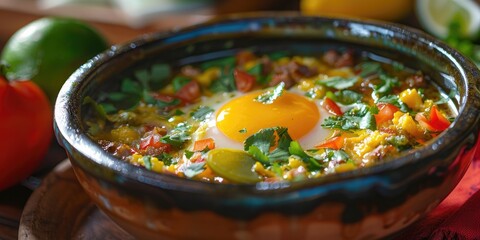 Scrambled eggs in a spicy broth accompanied by sausage and cactus in a traditional breakfast.