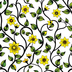 A seamless pattern showcases black vines curling elegantly alongside bright yellow flowers providing an attractive design for various creative projects