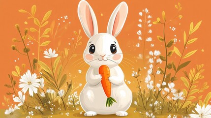 Wall Mural - Whimsical Rabbit Holding Carrot - Vibrant Retro Style Illustration with Cheerful Cartoon Character Design