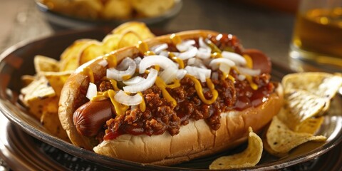 Canvas Print - Spicy chili sausage with onion and mustard, accompanied by crunchy chips.