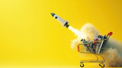 Realistic shopping cart filled with diverse products launching a rocket.E-commerce purchase or buy, quick shipping transport service, speed, order, discount, consumerism.Copy space.