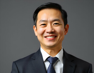 Wall Mural - A middle-aged Asian man with short black hair wearing a suit, smiling at the camera