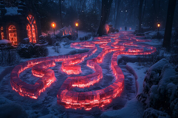 Poster - An elaborate ice maze constructed for a winter festival, capturing the creative use of ice in building intricate and enjoyable structures. Concept of ice mazes and winter attractions.