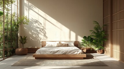 Wall Mural - Contemporary bedroom with eco-friendly materials and smart energy management, focusing on sustainability, copy space