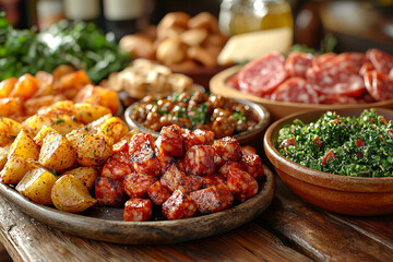 A selection of tapas dishes including patatas bravas, chorizo, and manchego cheese, reflecting the diverse and communal nature of Spanish dining.