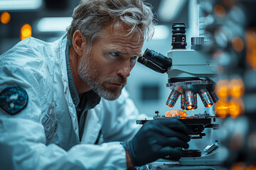 Wall Mural - A scientist examining samples under a powerful electron microscope, showcasing the role of advanced microscopy in biological research.