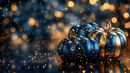 Blue and Gold Glitter Pumpkins with Bokeh Lights