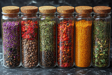 Wall Mural - A collection of exotic spices displayed in glass jars, showcasing the diversity and vibrant colors of global culinary ingredients. Concept of spices and global cuisine.