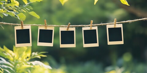 Wall Mural - Blank instant photos hanging on clothesline on green nature background 