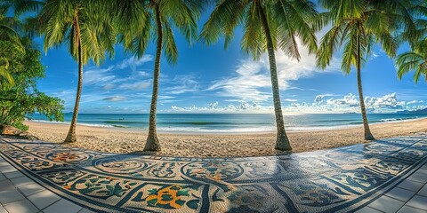 Wall Mural - View of beautiful palm trees on the beach from a beautiful mosaic floor with tropical floral patterns 