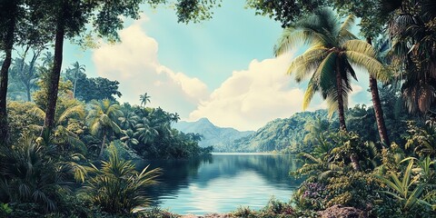 Wall Mural - Tropical art landscape outdoors. 