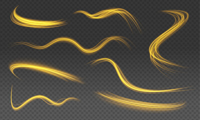 Wall Mural - Swirling glow dynamic neon circles. Rotating shining rings. Shine magic gold swirl with flare sparkles . Golden glowing shiny spiral lines effect. Curved yellow line light. Glittering wavy trail. 
