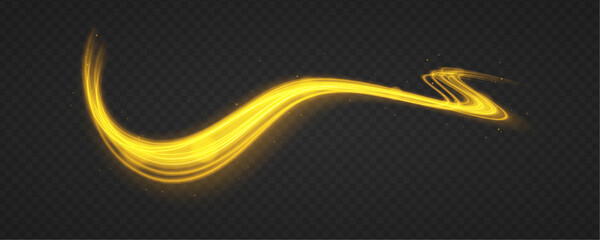 Wall Mural - Swirling glow dynamic neon circles. Rotating shining rings. Shine magic gold swirl with flare sparkles . Golden glowing shiny spiral lines effect. Curved yellow line light. Glittering wavy trail. 
