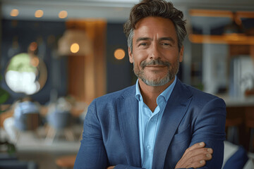 Confident Middle Aged Man In Blue Blazer Standing Indoors With Warm Lighting