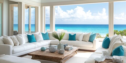 Canvas Print - A beach house living room with white couches and turquoise pillows overlooking the ocean 