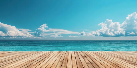 Canvas Print - empty wooden flooring deck in front and blue summer sky with clouds and sea or ocean with turquoise water and waves in the background summer vacation sea shoreline with deck floor