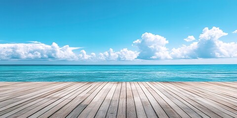 Canvas Print - empty wooden flooring deck in front and blue summer sky with clouds and sea or ocean with turquoise water and waves in the background summer vacation sea shoreline with deck floor 