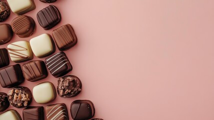 Assorted chocolates on pink background; various shapes and flavors