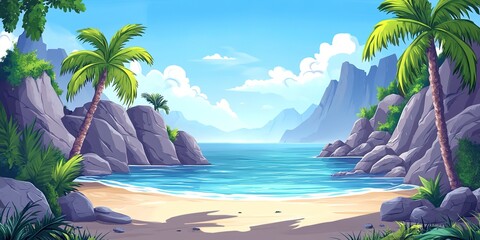 Wall Mural - An empty shore scene of a summer tropical lagoon with calm sea or ocean water, a beach with sand, stone trees, coconut palm trees, rocky mountains and blue sky. Cartoon modern empty shore scenery. 