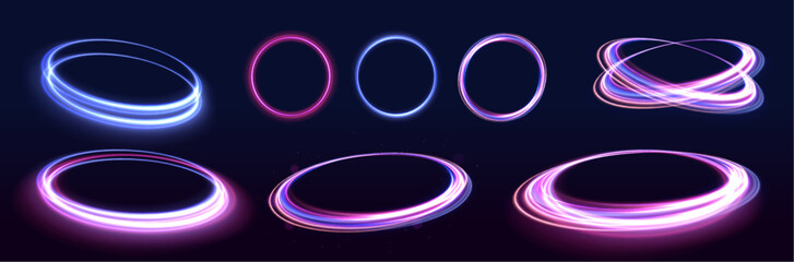 Wall Mural - neon light circle of speed in the form of a round whirlpool. curve blue line light effect. luminous 