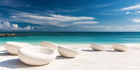 Canvas Print - A luxury beach club with an abstract design, its modern loungers arranged on the white sand, facing the sea. copy space for text. 