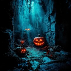 Wall Mural - Glowing Jack-o-lanterns in a dark, misty cave during Halloween night