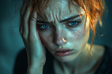 Canvas Print - A patient holding their head with one hand in distress, symbolizing the debilitating effects of severe headaches or cluster headaches.