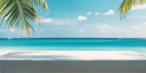 Summer beach background. Empty white table top in front, close-up, blurred tropical resort background. Vacation paradise banner with empty space for advertising product. Blank shelf