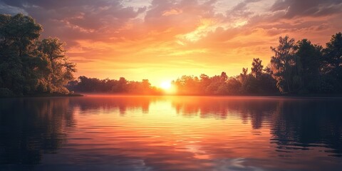 Canvas Print - A beautiful lake with a sunset in the background