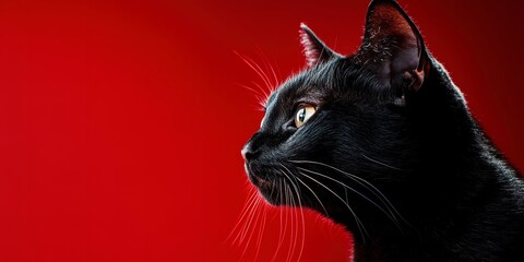 Black Cat on Red Background Photogenic Feline Studio Portrait With Bright Contrasting Colors 