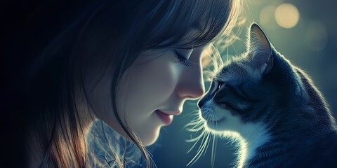 Canvas Print - Tender moment between a young woman and a cat. 