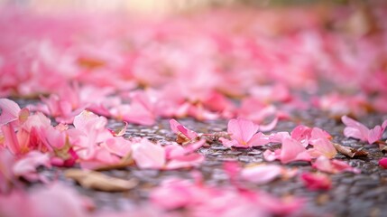 Wall Mural - Pink flower petals scattered on the ground.