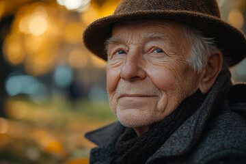 Poster - An elderly person with a gentle smile, calmly enjoying a quiet moment in a serene park. Concept of tranquility and contentment.