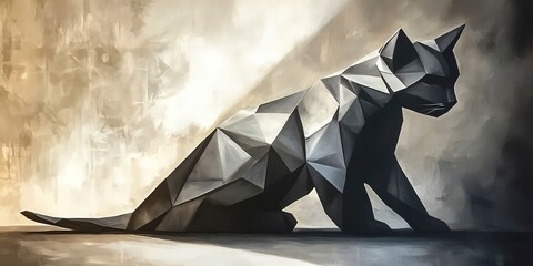 Wall Mural - Origami Cat with Lion Shadow Abstract Feline Art 