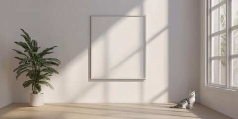 Canvas Print - Frame or Poster mock up in living room and cat with window shadow on white wall background. 