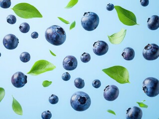 Wall Mural - dynamic swirl of fresh blueberries and leaves floating in midair