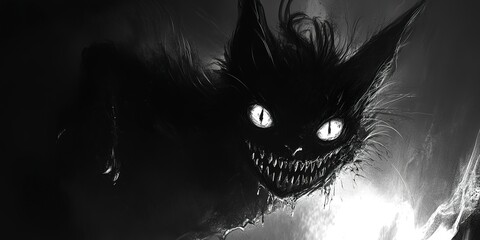 Wall Mural - menacing animeinspired shadow creature cheshire cat grin gleaming eyes inky black form sharp contras