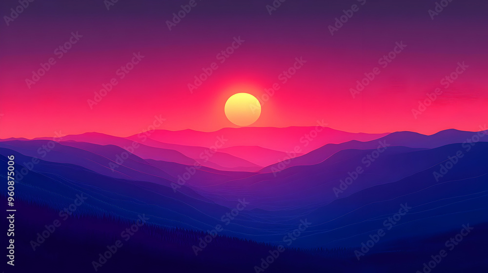 Sunset Over Mountains with Vibrant Pink and Purple Colors