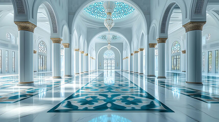 Islamic Mosque Interior White Marble Floor Blue Tiles Arches Columns Chandelier Decorative Windows