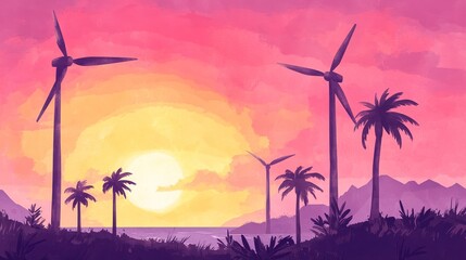 Wall Mural - Tropical paradise with wind turbines standing against a radiant watercolor sunset, palm trees dancing in the breeze, and the clear ocean shimmering in the background