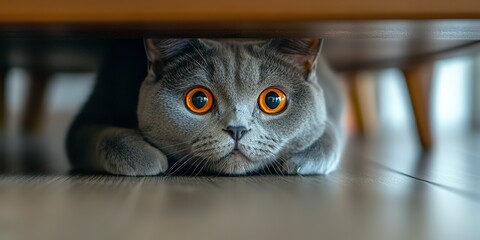 A gray cat with orange eyes peers from under a table. This image is perfect for websites, blogs, or social media posts about pets, cats, or curiosity. 