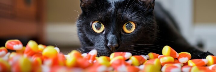 Poster - Halloween safety tips featuring a ghost made of candy corn and a playful cat.