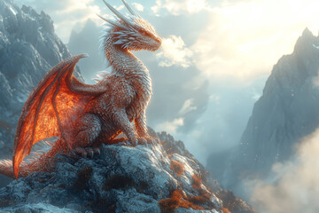 Wall Mural - A wise old dragon perched atop a mountain peak, with scales glistening in the sunlight and smoke curling from its nostrils. Concept of ancient wisdom and power.