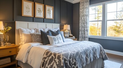 Wall Mural - A sophisticated and serene slate gray bedroom featuring a harmonious color scheme minimalist decor and a calming tranquil atmosphere perfect for relaxation and rest