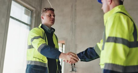 Wall Mural - Talking, engineer and handshake for collaboration, site and welcome to business, partnership and team. Construction, thank you and men in property, hands and planning of architect and real estate