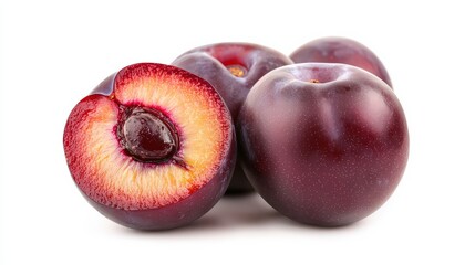 Sticker - Fresh plums, whole and halved to reveal the deep red-purple flesh, isolated on a white background