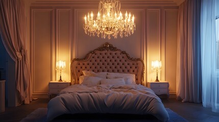 Wall Mural - Elegant chandelier lamp suspended from the ceiling illuminating a plush and lavish bedroom interior with ornate furniture and decor