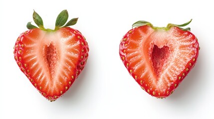 Fresh strawberries, whole and halved, with bright red flesh and tiny seeds, isolated on a white background