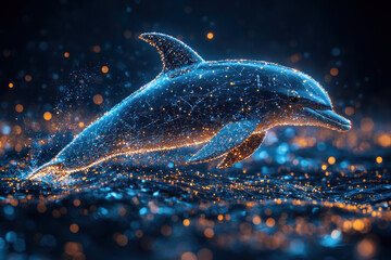 A digital dolphin leaps gracefully through sparkling waters, showcasing stunning array of glowing particles and connections..